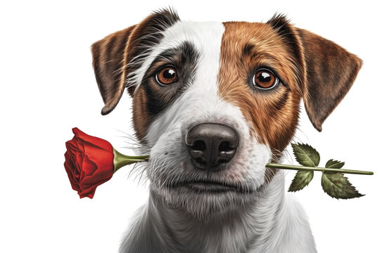Hund mit roter Rose quer im Mail, generative AI	