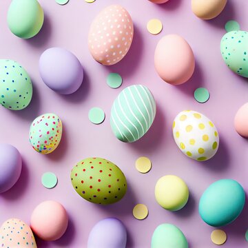 Top view photo of easter decorations multicolored easter eggs on isolated pastel background. Colorful Easter Egg bottom border over a pastel paper banner background. Generative Ai