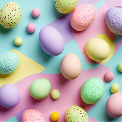 Naklejka na ściany i meble Top view photo of easter decorations multicolored easter eggs on isolated pastel background. Colorful Easter Egg bottom border over a pastel paper banner background. Generative Ai