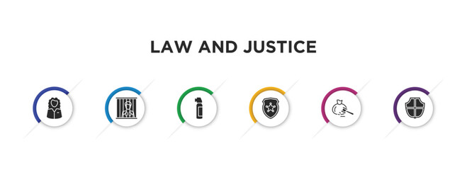 law and justice filled icons with infographic template. glyph icons such as counsel, guilty, pepper spray, police badge, inheritance law, defense vector.