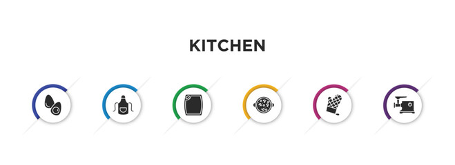 kitchen filled icons with infographic template. glyph icons such as eggs, apron, cutting board, paella, mitten, meat grinder vector.