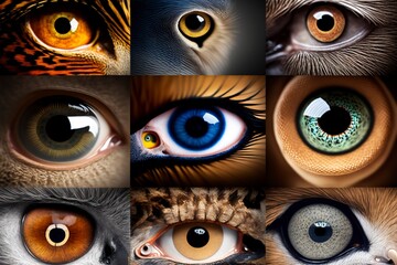 Close-up of eyes and pupils of different animals. AI technology generated image