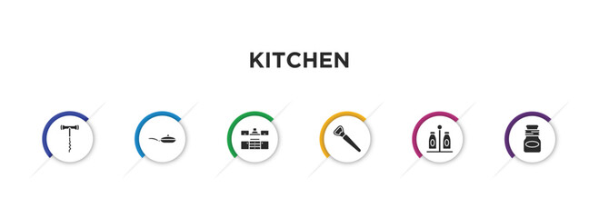 kitchen filled icons with infographic template. glyph icons such as corkscrew, frying pan, kitchen, bottle opener, spice jar, jar vector.