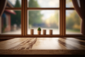Empty of wood table top on blur of curtain window glass with sunlight background. Generative AI