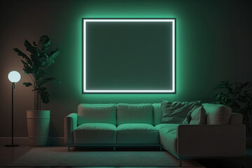 Modern living room with counter, with empty canvas or wall decor with neon frame in center for product presentation background or wall decor promotion, mock up
