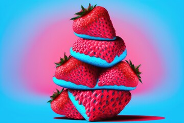 On top of a stack of whole strawberries is a cross section painted in a surreal Pop Art style, but the color is shocking pink. Generative AI