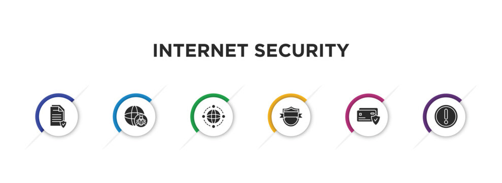 internet security filled icons with infographic template. glyph icons such as data protection, internet attack, network, gdpr shield, credit card security, access denied vector.