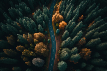 Drone view of a road going through a green forest. - obrazy, fototapety, plakaty