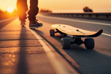 Longboarder skating on highway during sunset.