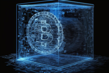 Bitcoin logo, concept of crypto trading and financial markets.