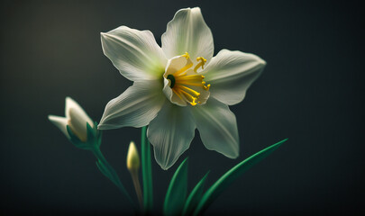 A delicate white daffodil, its trumpet-like center and soft petals captured in a close-up shot