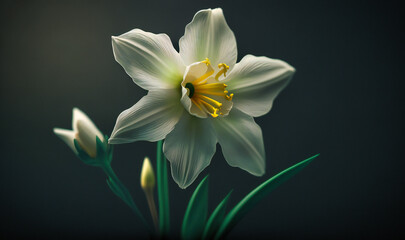 Obraz premium A delicate white daffodil, its trumpet-like center and soft petals captured in a close-up shot