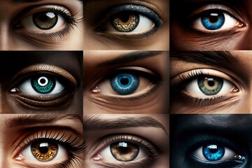 Close-up of eyes and pupils of different races. AI technology generated image