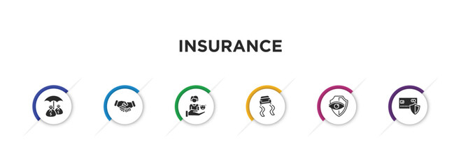 insurance filled icons with infographic template. glyph icons such as investment insurance, shake hands, familiar insurance, slippery road, vision payment protection vector.