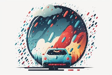 A single drop of rain hits the windscreen of the automobile. The idea of preventing car accidents during the rainy season, with a focus on the driver in traffic on a cloudy day with poor weather condi