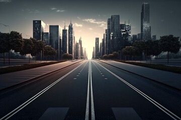 Highway and future urban skyline. AI technology generated image