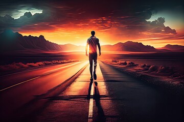 Generative AI illustration of an athletic man walking on a deserted road into the sunset. The image is focused on the man's leg, which emphasizes his physical fitness and determination