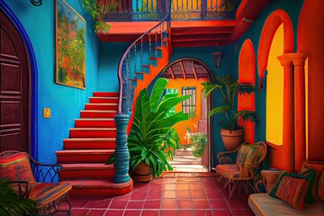 Generative AI illustration of the beauty and richness of a traditional Mexican living room and patio, with bright colors on the walls, cacti, tropical leaves, lanterns, majestic arches, and stairs