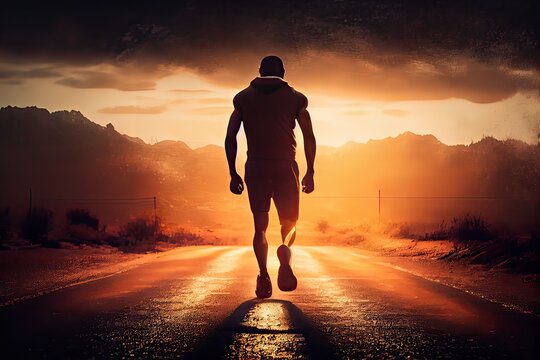 Generative AI illustration of an athletic man walking on a deserted road into the sunset. The image is focused on the man's leg, which emphasizes his physical fitness and determination