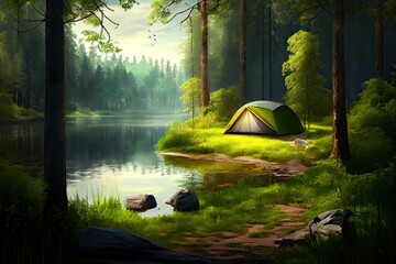Generative AI illustration of camping in nature in the forest on the banks of the river