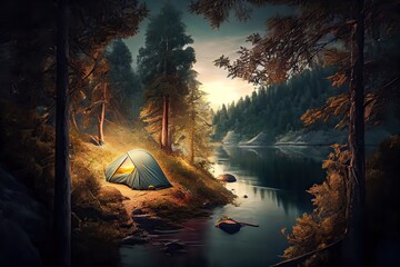 Generative AI illustration of camping in nature in the forest on the banks of the river