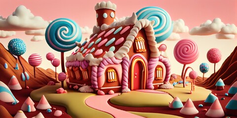 Generative AI illustration of a sweet and magical world with candy land landscape and gingerbread fantasy house