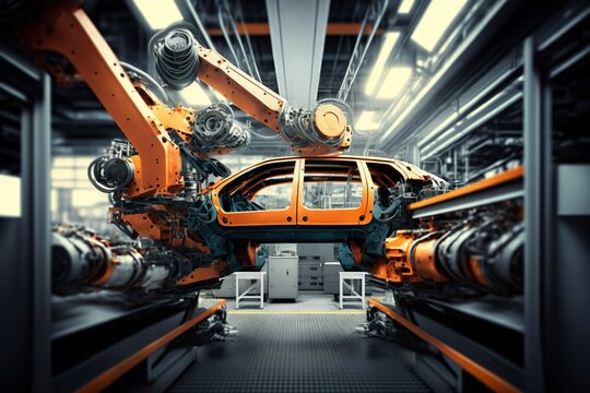 The robot of the automobile production line is born in assembly. AI technology generated image
