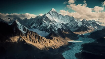 Flying above mountain range, beautiful winter aerial shot of frozen nature, camera flying to dramatic mountains covered with ice, realistic CG animation. - Powered by Adobe