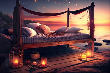 Fototapeta na wymiar Generative AI illustration of a romantic evening by the sea, featuring a cozy wooden bed adorned with candles and greetings, all illuminated by the warm glow of a beautiful sunset