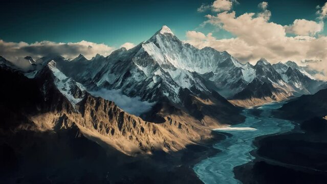 Flying above mountain range, beautiful winter aerial shot of frozen nature, camera flying to dramatic mountains covered with ice, realistic CG animation.