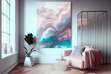 Generative AI illustration of the ethereal beauty of a delicate pastel interior with a picture on a light wall featuring clouds and waves
