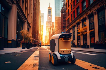 Generative AI illustration of the future of delivery technology with autonomous courier robots in bustling urban landscapes, a delivery robot as well as autonomous delivery cars created by a business