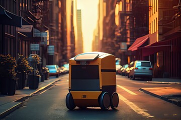 Fototapeta premium Generative AI illustration of the future of delivery technology with autonomous courier robots in bustling urban landscapes, a delivery robot as well as autonomous delivery cars created by a business