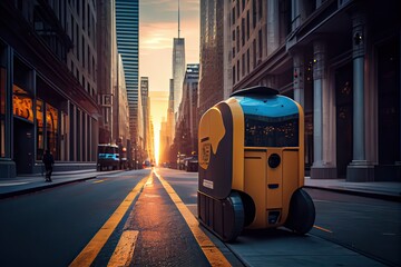 Generative AI illustration of the future of delivery technology with autonomous courier robots in bustling urban landscapes, a delivery robot as well as autonomous delivery cars created by a business