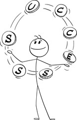 Businessman Juggling With Word Success , Vector Cartoon Stick Figure Illustration