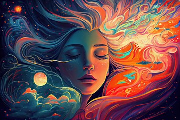 Generative AI illustration of euphoria dreamy aura calming psychedelic spirituality illustration - obrazy, fototapety, plakaty