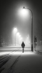 a monochromatic scene during snow storm much snow in the air snow falling foggy moody dimmed lantern lights Generative AI