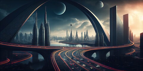 Naklejka na ściany i meble Generative AI illustration of fantasy futuristic city with highways and skyscrapers, cyber city