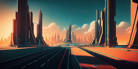 Obraz na płótnie Canvas Generative AI illustration of fantasy futuristic city with highways and skyscrapers, cyber city