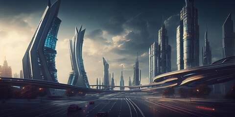 Naklejka na ściany i meble Generative AI illustration of fantasy futuristic city with highways and skyscrapers, cyber city