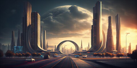Fototapeta na wymiar Generative AI illustration of fantasy futuristic city with highways and skyscrapers, cyber city
