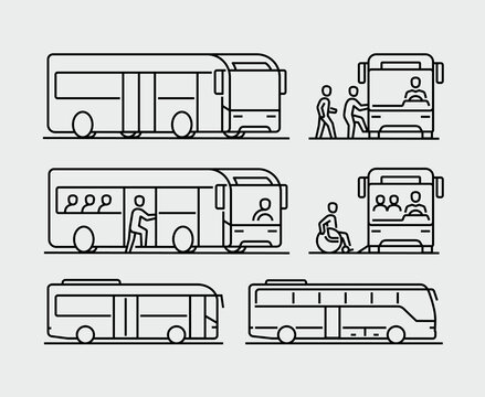 Passenger Getting on Bus Vector Line Icons