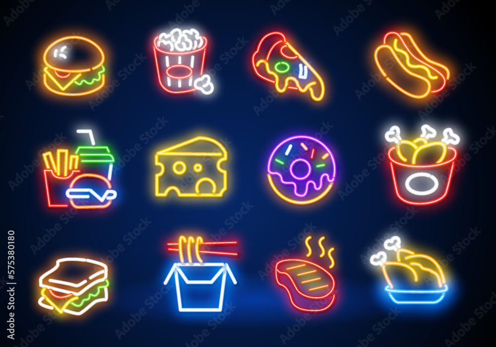 Wall mural fast food neon icons. food isolated icons, emblem, design template. french fries, drink, pizza, burg