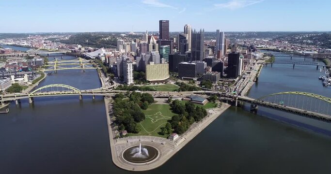 Pittsburgh Cityscape, Pennsylvania. Allegheny and Monongahela Rivers. City is Famous because of the bridges. Business Skyscrapers and Ohio River in Background