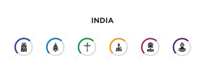 india filled icons with infographic template. glyph icons such as , hanuman, gtic, vishnu, woman, kumbh kalash vector.