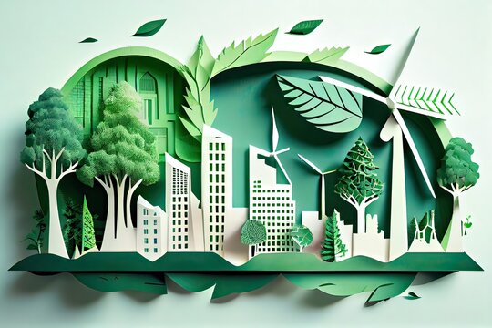 Generative AI illustration of Green leaf image in the paper art style with trees, city building silhouettes, windmills, and solar panels. the preservation of ecology. a green energy idea