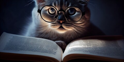 Generative AI illustration of Intelligent serious cat in glasses reading a book, volumn light