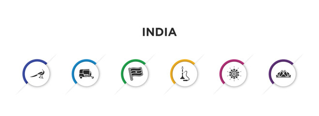 india filled icons with infographic template. glyph icons such as peacock, ricksaw, india badge, hookah, mandala, e vector.