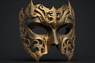 Halloween mask in gold on a grey background, ready for sale. Generative AI