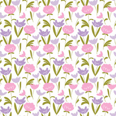 Beautiful floral pattern with pink and lilac flowers on a white background